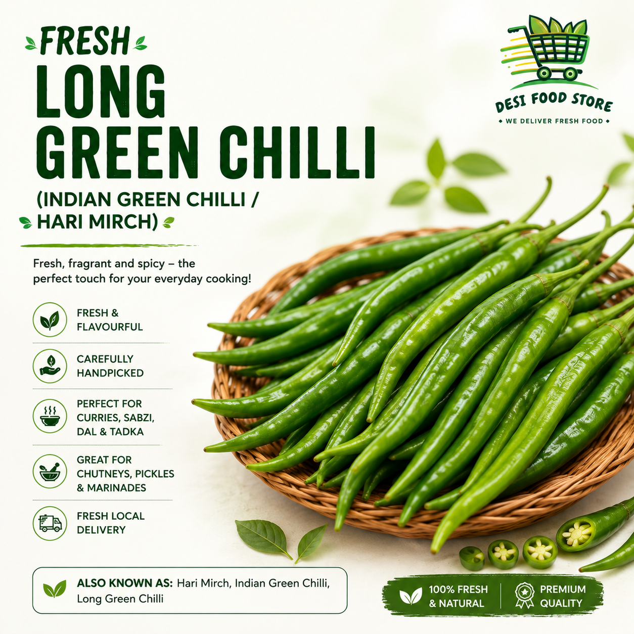 Fresh Long Green Chilli (Indian Green Chilli / Hari Mirch)