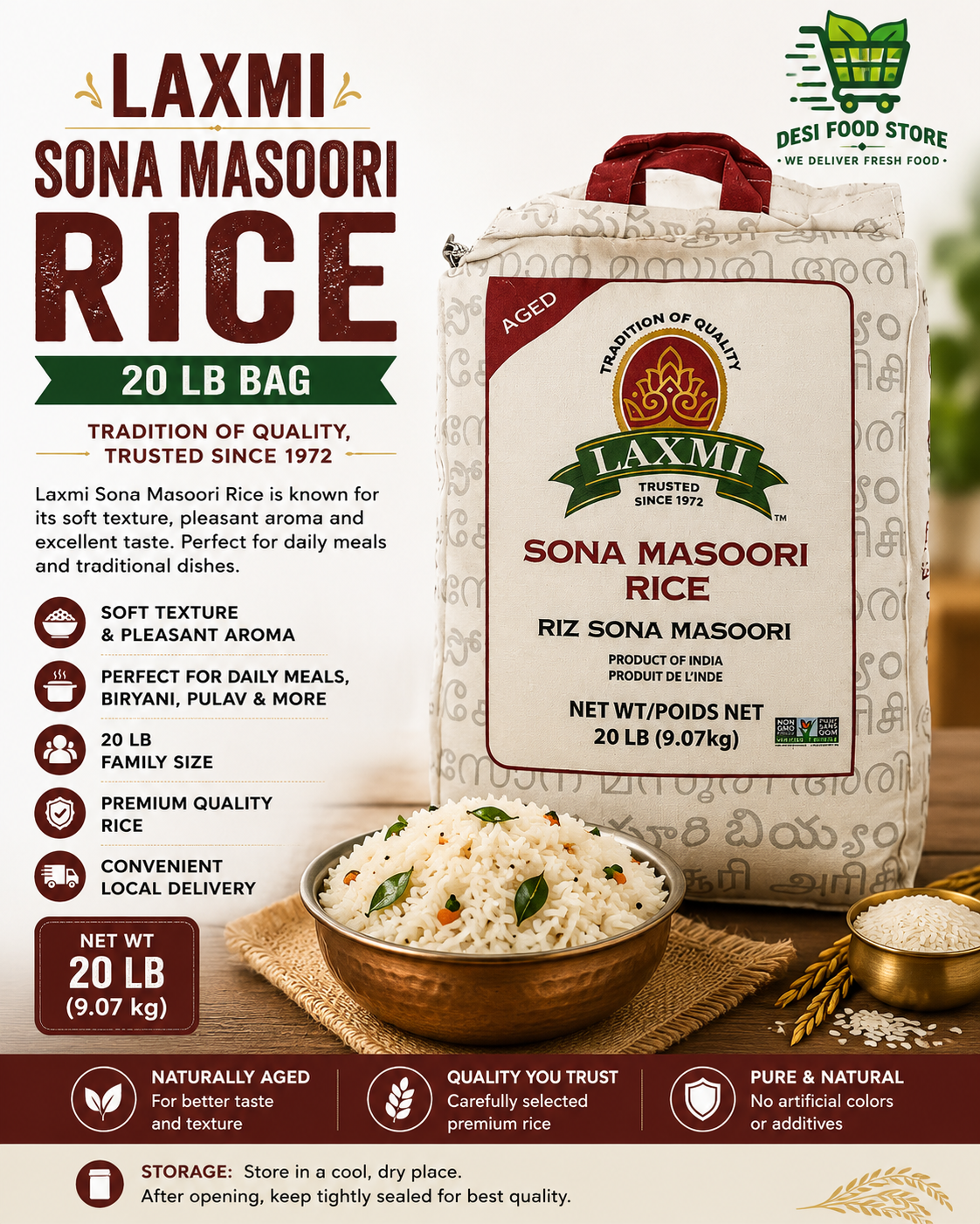 Laxmi Sona Masoori Rice – 20 lb