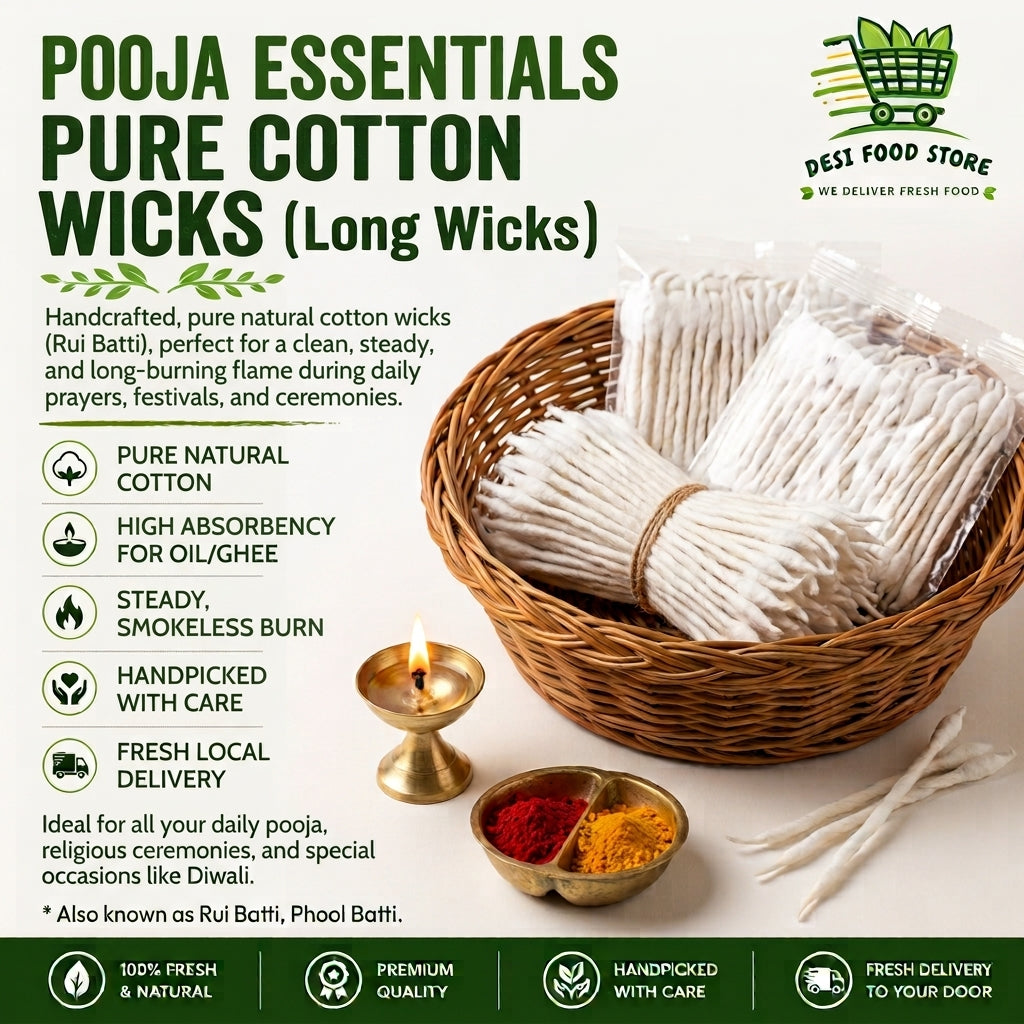 Pure Cotton Wicks for Pooja Diyas (Long Rui Batti)