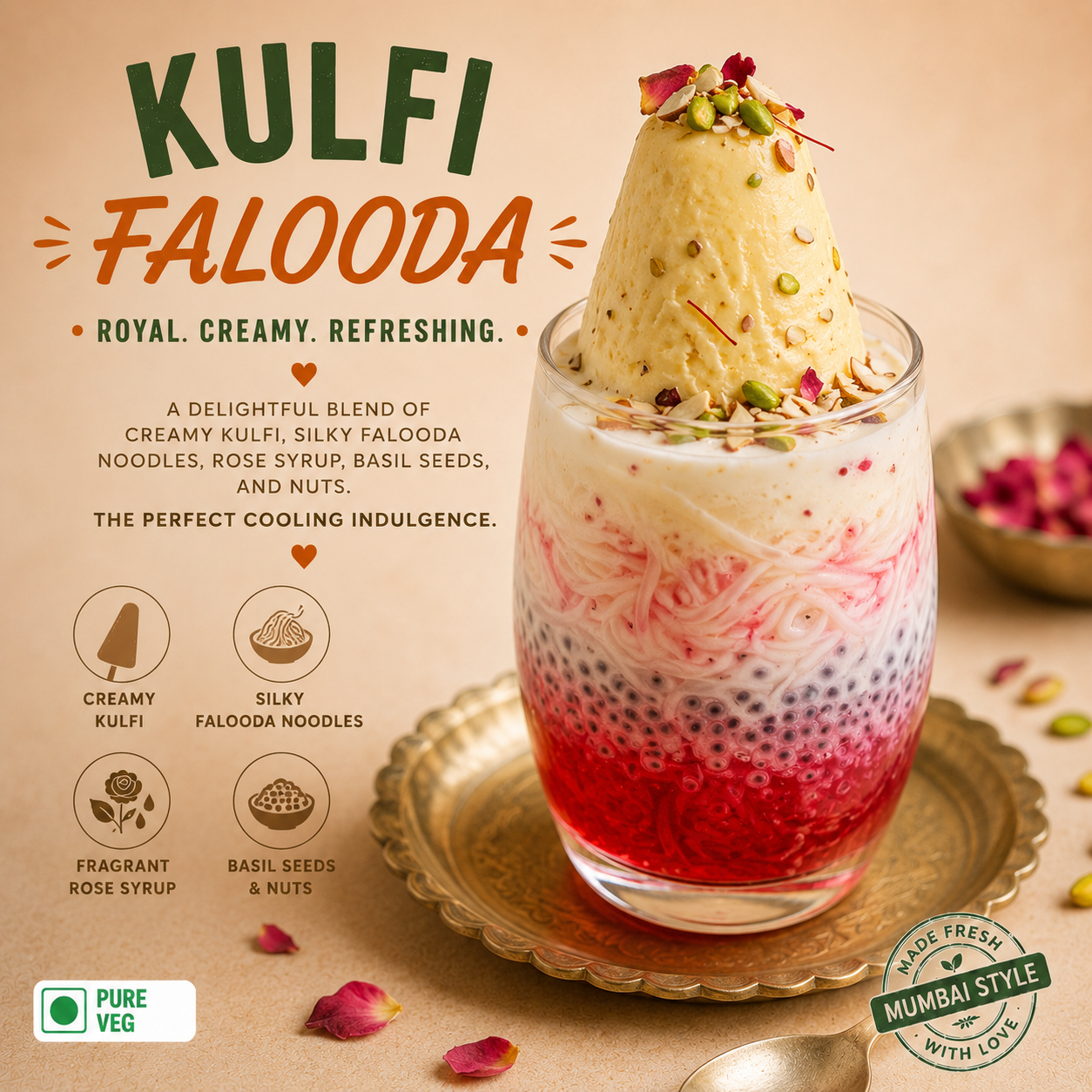 Kulfi Falooda – Creamy Indian Kulfi Dessert with Falooda Noodles & Rose Syrup